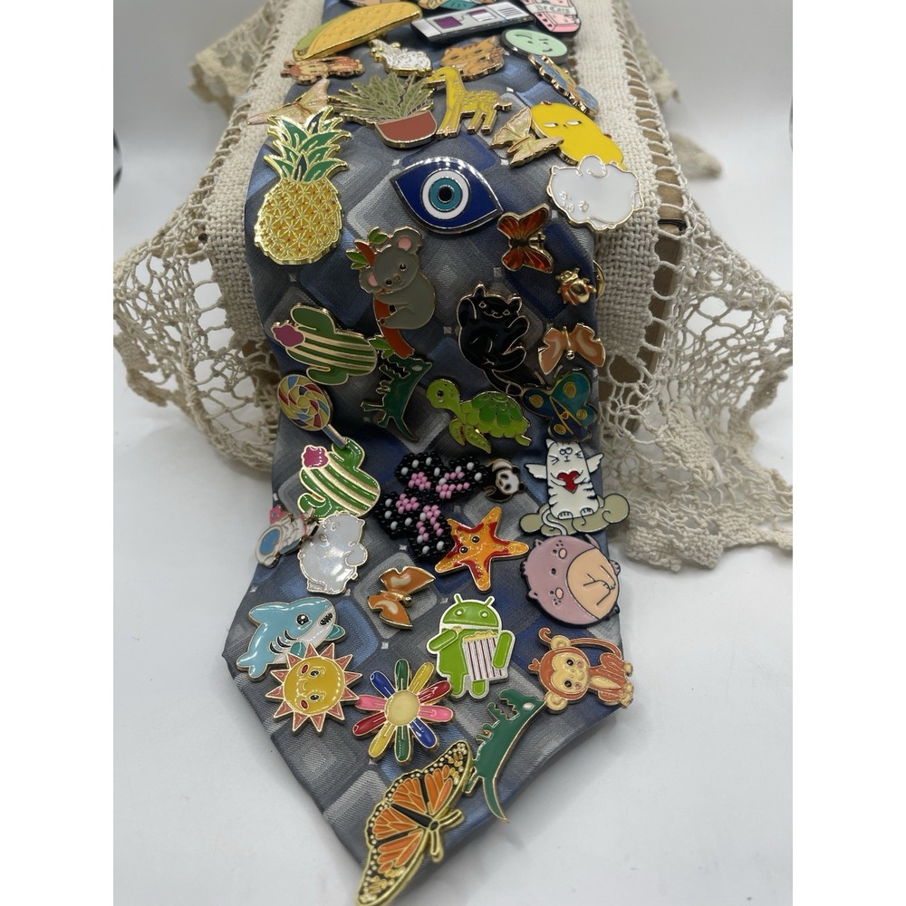 Huge Lot of 40+ Enamel Lapel Pins on Blue Geometric Necktie Animal Food Quirky - Picture 2 of 4